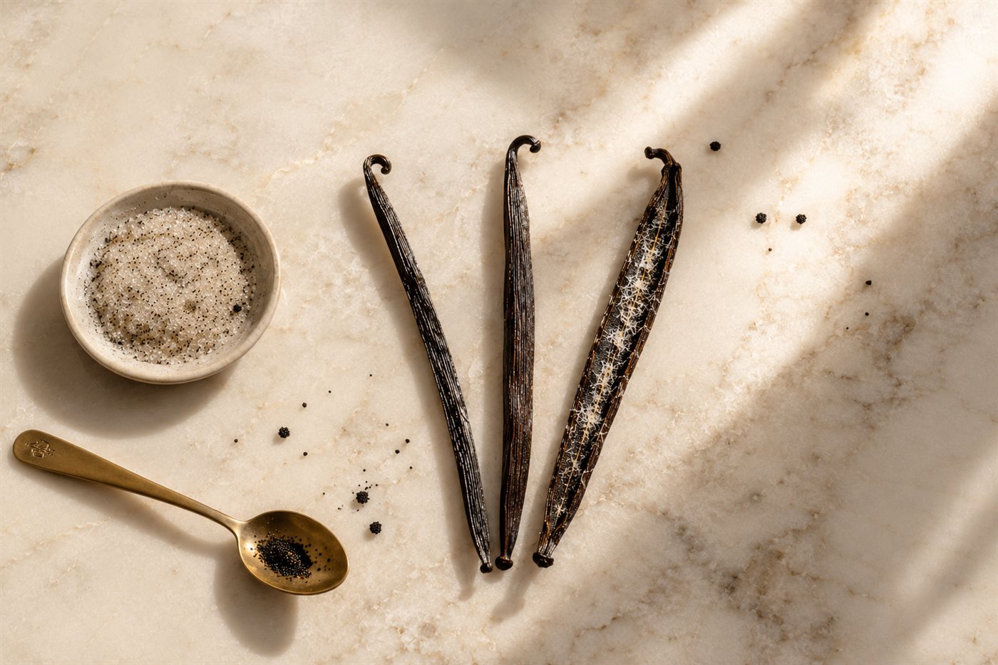 Les trois vanilles Maison Louis en éventail sur un marbre crème : Bourbon fine, Pompona charnue et gousse givrée fendue, avec sucre vanillé et cuillère en laiton