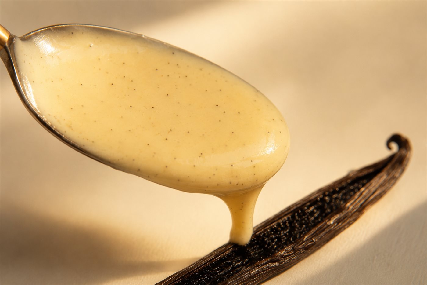 Crème anglaise nappant le dos d'une cuillère, grains de vanille Bourbon bien visibles, gousse fendue posée à côté