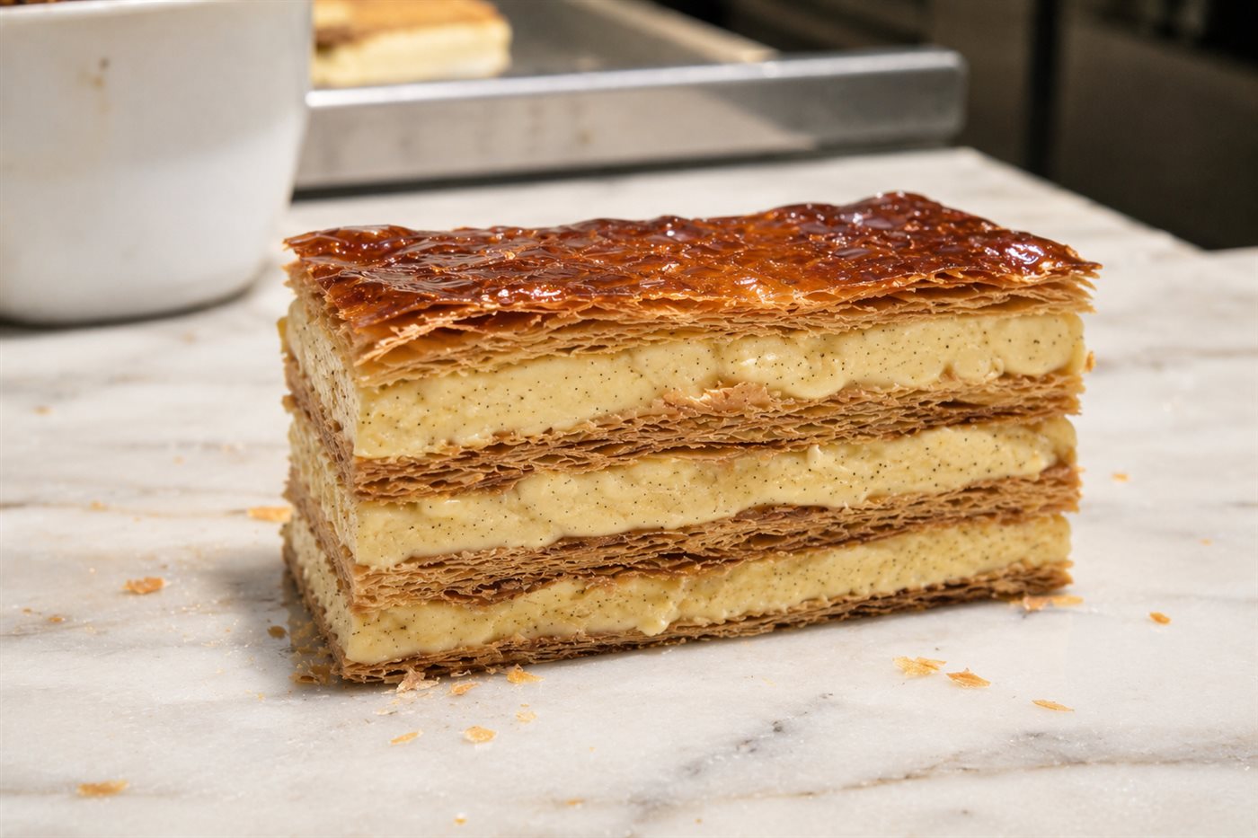 Part de mille-feuille tranchée net, crème diplomate constellée de grains de vanille, feuilletage caramélisé