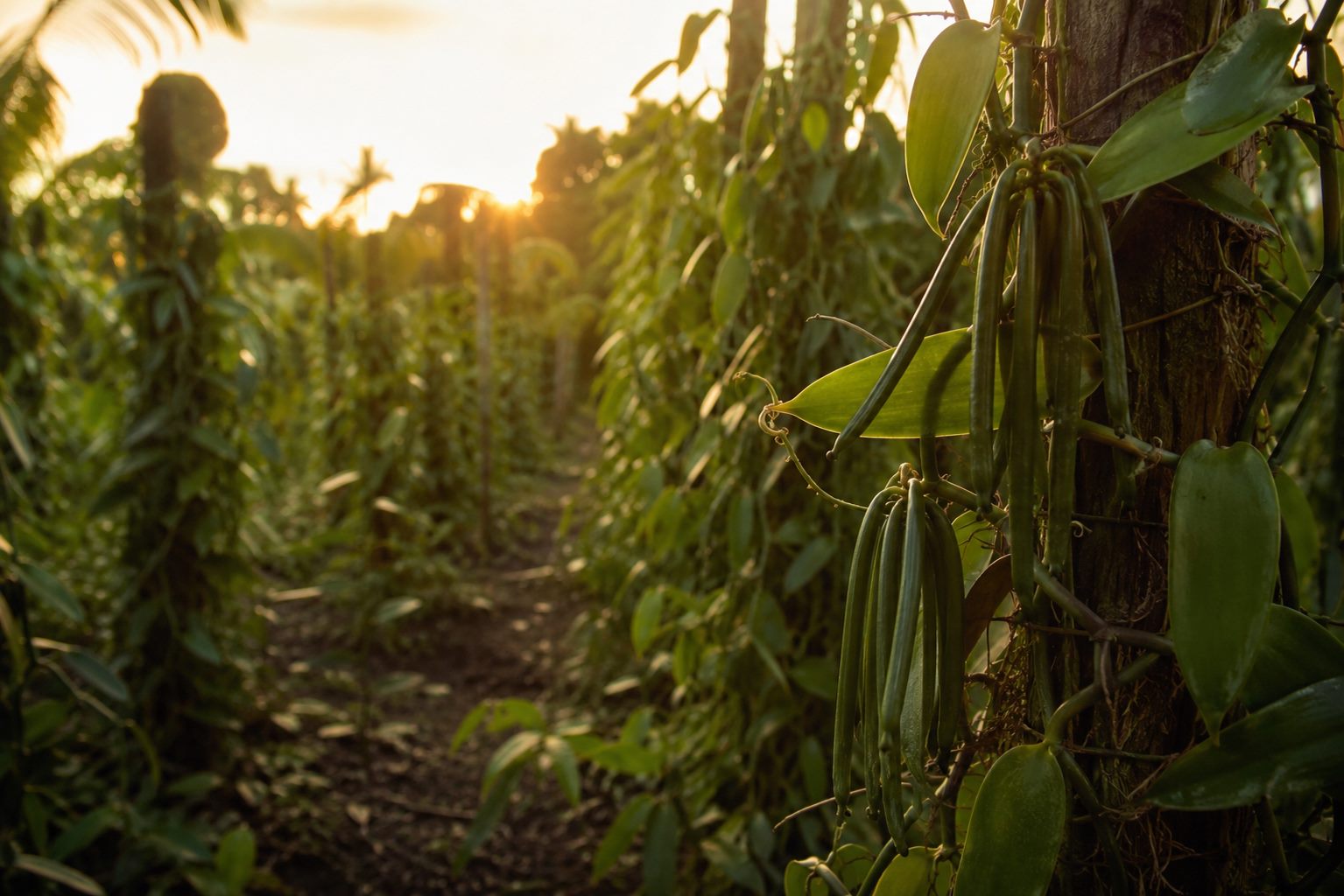 Plantation de vanille dans la région SAVA, lumière de fin de journée